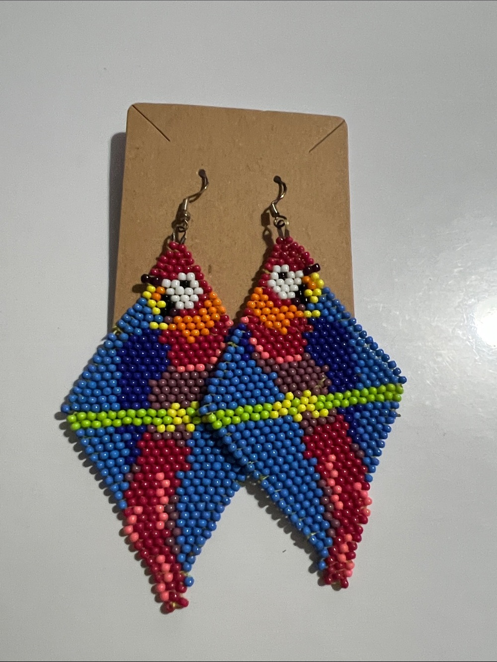 Handmade Beaded Parrot Drop Earrings in Blue & Red